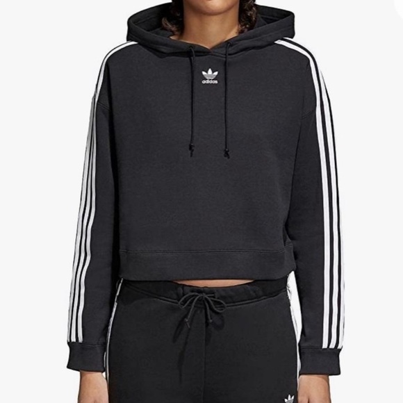 Adidas Cropped Hoodie Women’s S Black 3 Stripe Sweatshirt Pullover Workout Gym - Picture 1 of 7
